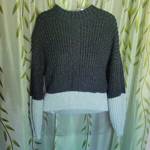 Elodie Dark Green and Grayish Blue Crew Neck Sweater with Ribbed Knit